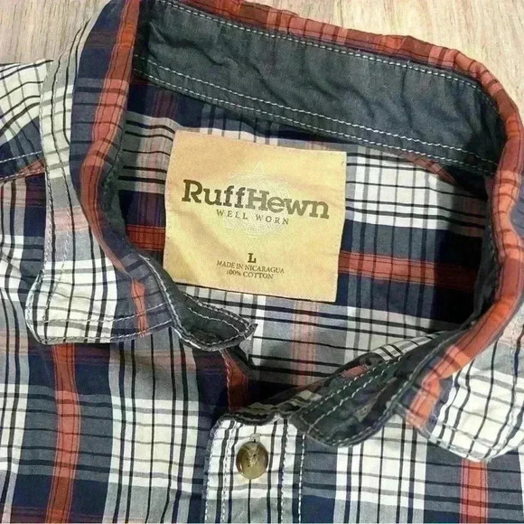 Ruff Hewn Well Worn Men’s Long Sleeve Plaid Button Down Shirt Navy Orange Size L - Picture 2 of 7